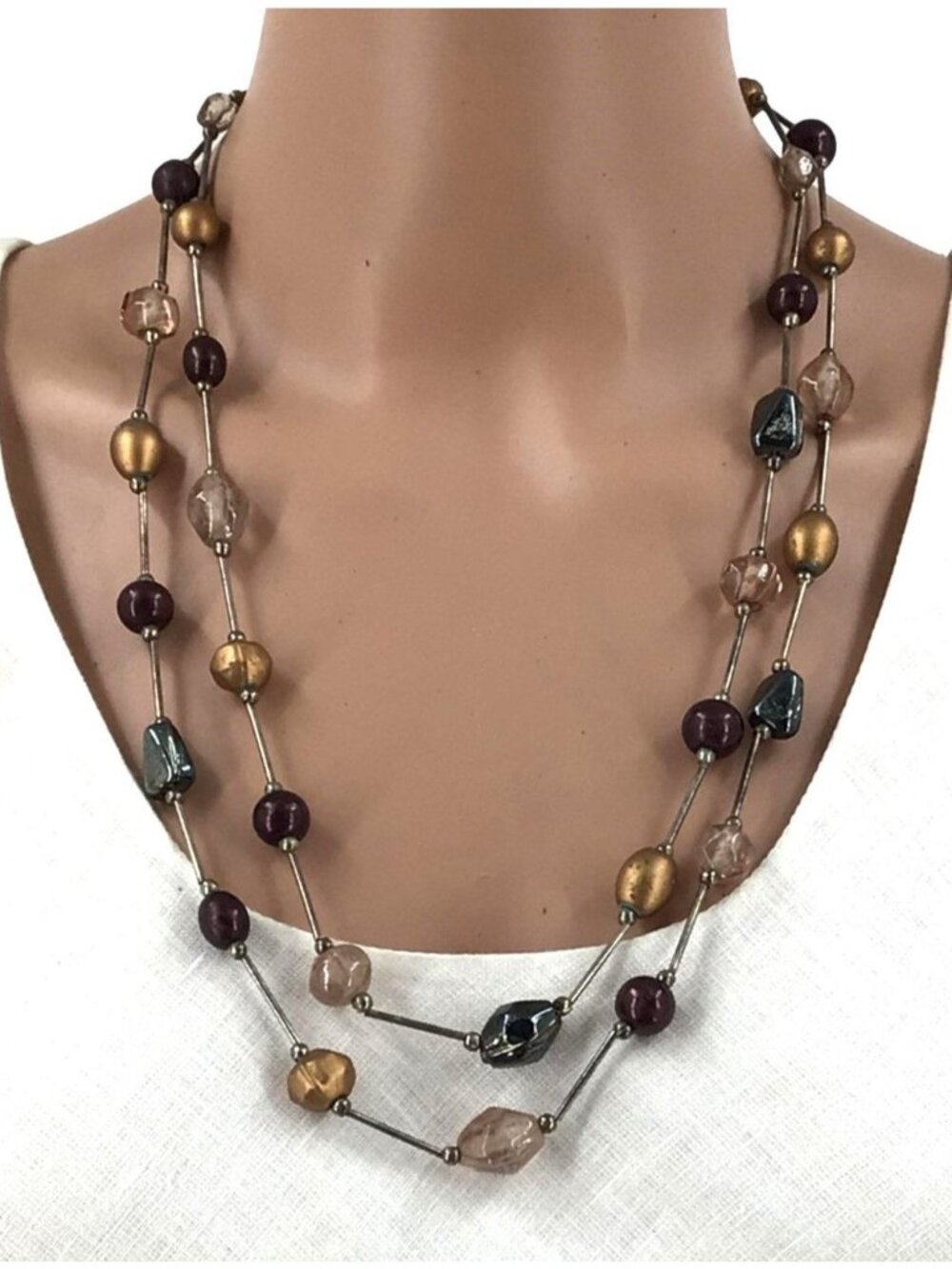 Vintage Double Strand Necklace Mixed Beads Silver Green Gold Purple Adjustable
